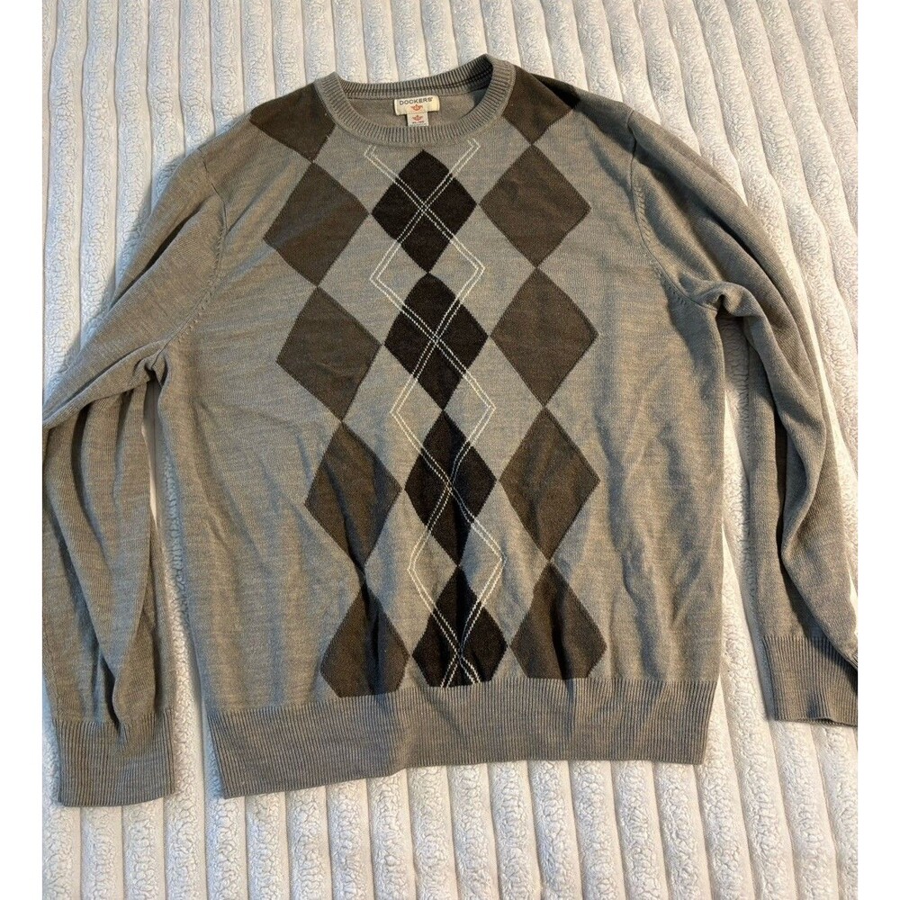 Vintage Dockers Argyle V Neck Sweater Men XL Tan Brown Grandpa Goblincore Preppy
